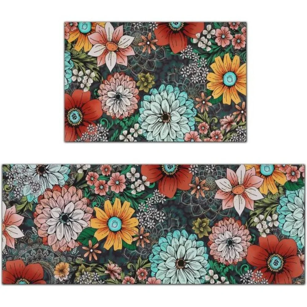 New Set of 2 Floral Kitchen Mat, Cushioned, Non-Slip, Washable, Multicolored